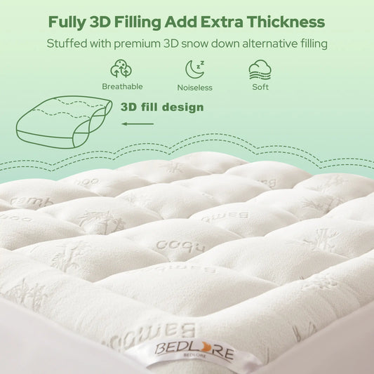 【Summervibes】BEDLORE Bamboo Topper Mattress Pad with Fitted Sheet, Thick & Plush Luxury Bamboo Topper, Breathable & Silky Soft for a Cool Sleep, Deep Pockets, Machine Washable, Ideal for Bedroom & Home Use